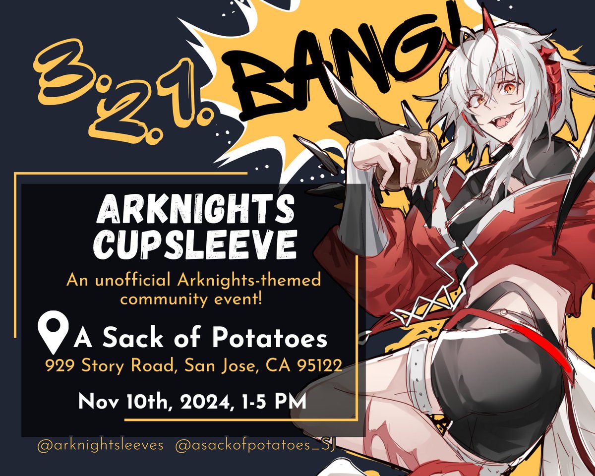3, 2, 1, BANG!, an unofficial Arknights fan event to celebrate Chapter 14, is happening on November 10th, 2024 in San Jose, California!

Interested in themed drinks and fun events? Stay tuned for more information!

#arknights #明日方舟 #アークナイツ