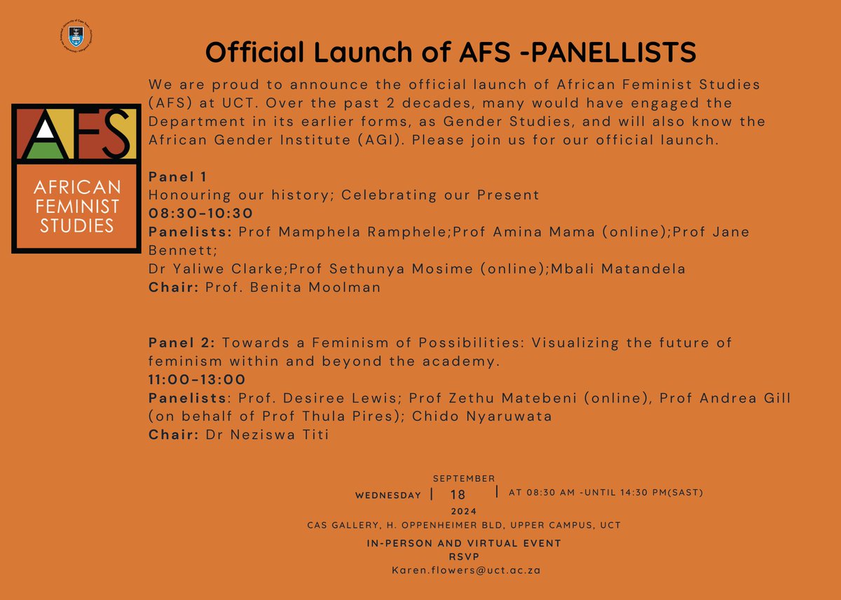 africangender's tweet image. AFS Launch
To join the event online, RSVP to karen.flowers@uct.ac.za
📅 18 September 2024
🕖 08:30 -14:30 PM 
📍 In-person or virtual (email Karen.flowers@uct.ac.za)