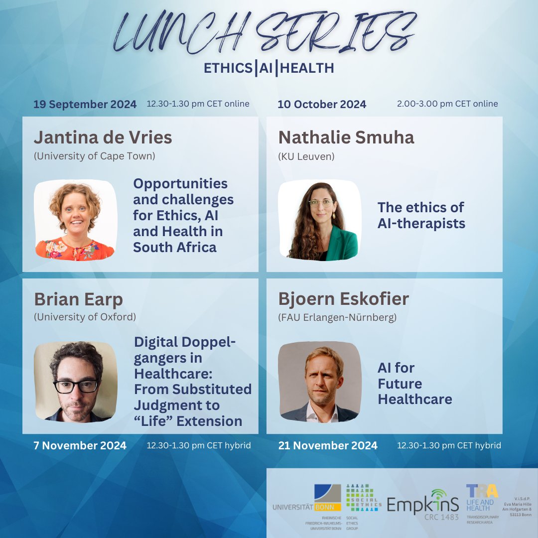 EvaMariaHille's tweet photo. Summer is over &amp; our @FAUEmpkinS @UniBonn Lunch Series is back! Starting this Thursday (19 Sep) with Jantina De Vries, followed by @NathalieSmuha on 10 Oct, @briandavidearp on 7 Nov &amp; @BjoernEskofier on 21 Nov. What a great line-up! Join us &amp; sign up here: https://t.co/qUUYam3J3f https://t.co/91f6ASkiRM