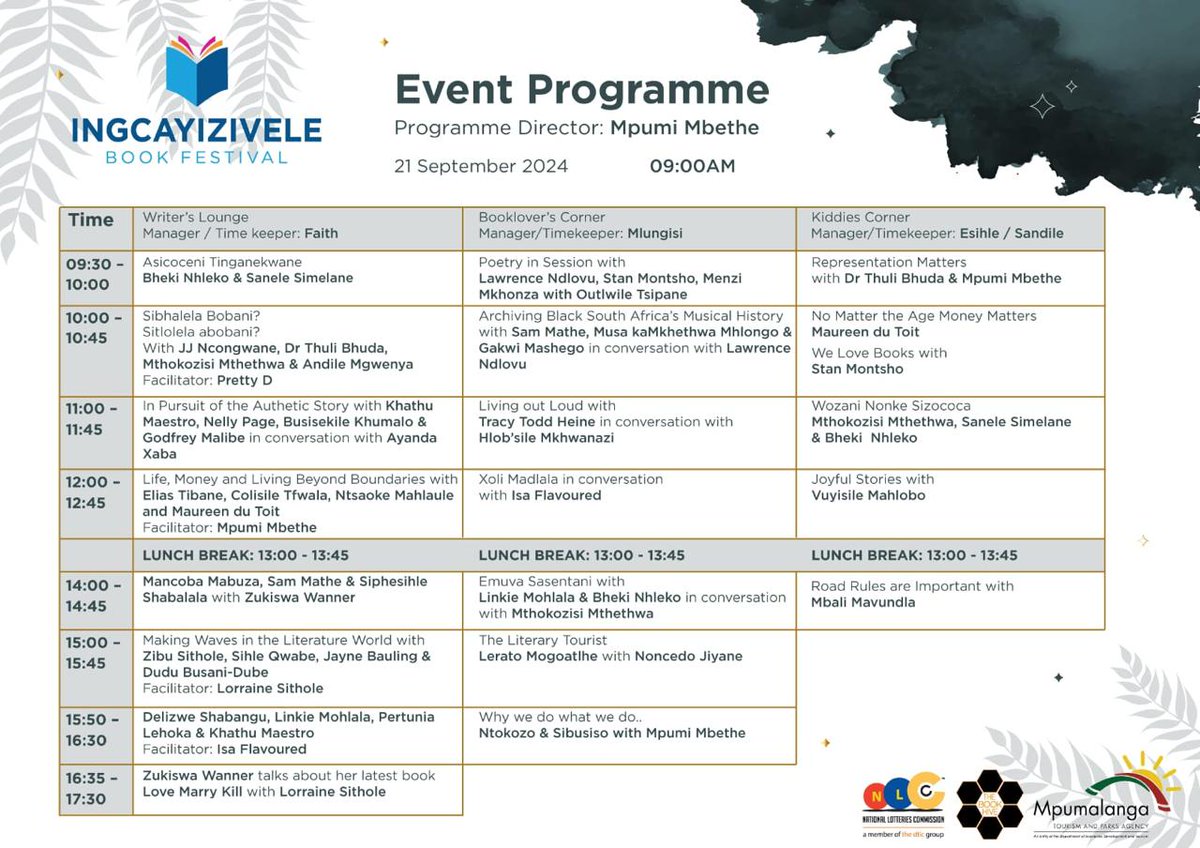 Programme for the Ingcayizivele Book Festival on Saturday 21st. #Ingcayizivele2024
