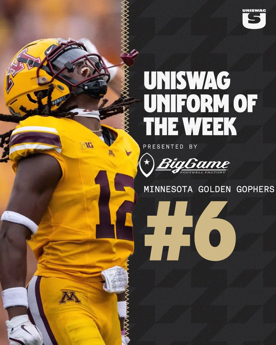 UNISWAG's tweet image. UNISWAG Week 3 Uniform of the Week Countdown presented by @BigGameUSA 

#6 @GopherFootball 

#uniswag