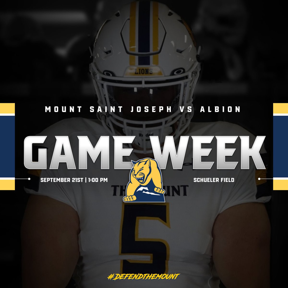 MSJ_FB's tweet photo. GAME03

🆚 | Albion College  
🏟️ | Schueler Field
🗓️ | Sept. 21st, 2024
⏰ | 1:00 pm EST

#MountUp
#DEFENDTHEMOUNT https://t.co/oPaE5EGzgX