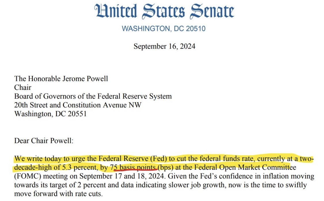 JUST IN: Democratic senators are now urging the FED to cut rates by 75 BPS on Wednesday