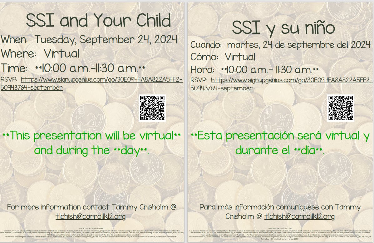 CcpsOf's tweet photo. There is still time to sign up for Back to School Social THIS Thursday, 9/19!!  We are also offering a virtual presentation on SSI on Tuesday, 9/24.  The SSI presentation will be during the day.
See flyers below for more information or contact Tammy @ tlchish@carrollk12.org https://t.co/7FHb5IkMrS