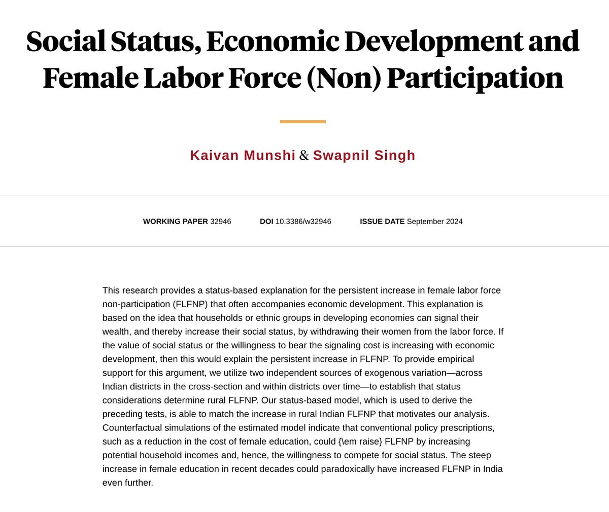 Yale Department of Economics (@yaleeconomics) on Twitter photo "This research provides a status-based explanation for the persistent increase in female labor force non-participation (FLFNP) that often accompanies economic development."
NEW in <a href="/nberpubs/">NBER</a>, by Kaivan Munshi (<a href="/Yale/">Yale University</a>) & <a href="/econswapnil/">Swapnil Singh</a> (<a href="/Lietuvosbankas/">Lietuvos bankas</a>): nber.org/papers/w32946 "This research provides a status-based explanation for the persistent increase in female labor force non-participation (FLFNP) that often accompanies economic development."
NEW in <a href="/nberpubs/">NBER</a>, by Kaivan Munshi (<a href="/Yale/">Yale University</a>) & <a href="/econswapnil/">Swapnil Singh</a> (<a href="/Lietuvosbankas/">Lietuvos bankas</a>): nber.org/papers/w32946