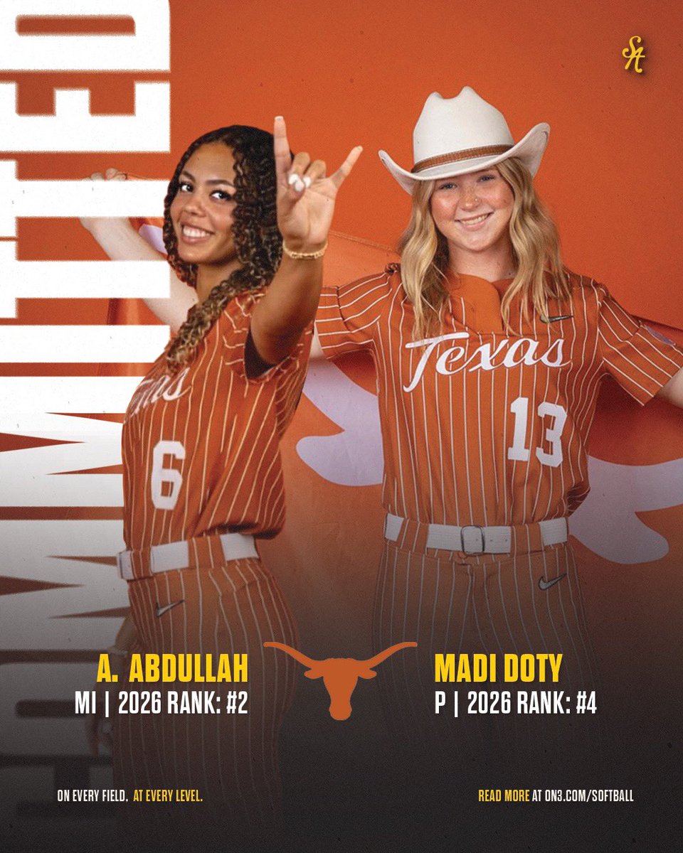 Softball America (@softbalamerica) on Twitter photo Anabela Abdullah and Madi Doty, two of our Top Five recruits from the 2026 class committed to play at <a href="/TexasSoftball/">Texas Softball</a> on Sunday 👀
Read more 👉 on3.com/softball/news/…
<a href="/A2026Anabela/">AnabelaA2026</a> | <a href="/MadiDoty20/">Madelyn Doty “Madi”</a> Anabela Abdullah and Madi Doty, two of our Top Five recruits from the 2026 class committed to play at <a href="/TexasSoftball/">Texas Softball</a> on Sunday 👀
Read more 👉 on3.com/softball/news/…
<a href="/A2026Anabela/">AnabelaA2026</a> | <a href="/MadiDoty20/">Madelyn Doty “Madi”</a>