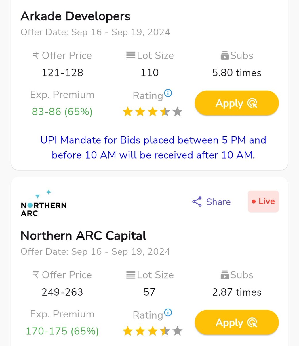 VisionGPSC's tweet photo. #Arkade Developer V/S #Northern Arc

-Northern Arc એ લાંબાગાળા માટે વધુ સારો IPO છે.Anchor Investors મોટા અને જાણીતા છે.
-Arkade Developer Listings Gain વધુ આપશે.Anchor Investors વધુ popular નથી.

-જેની પાસે 1જ IPO ભરવાના પૈસા છે.તેઓ arkade ભરાય Listing Gain માટે.

#IPOAlert #IPO https://t.co/PXtmZVdn96
