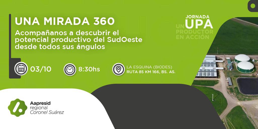Te invitamos a la jornada UPA, donde vamos a identificar el potencial productivo de la región desde una mirada 360.
Jueves 3/10, 8:30 hs.
La Esquina (Biodes) - Ruta 85 km 166, Coronel Suárez, Bs. As.
Jornada gratuita.
Link de inscripción:
tinyurl.com/inscripcionjor…