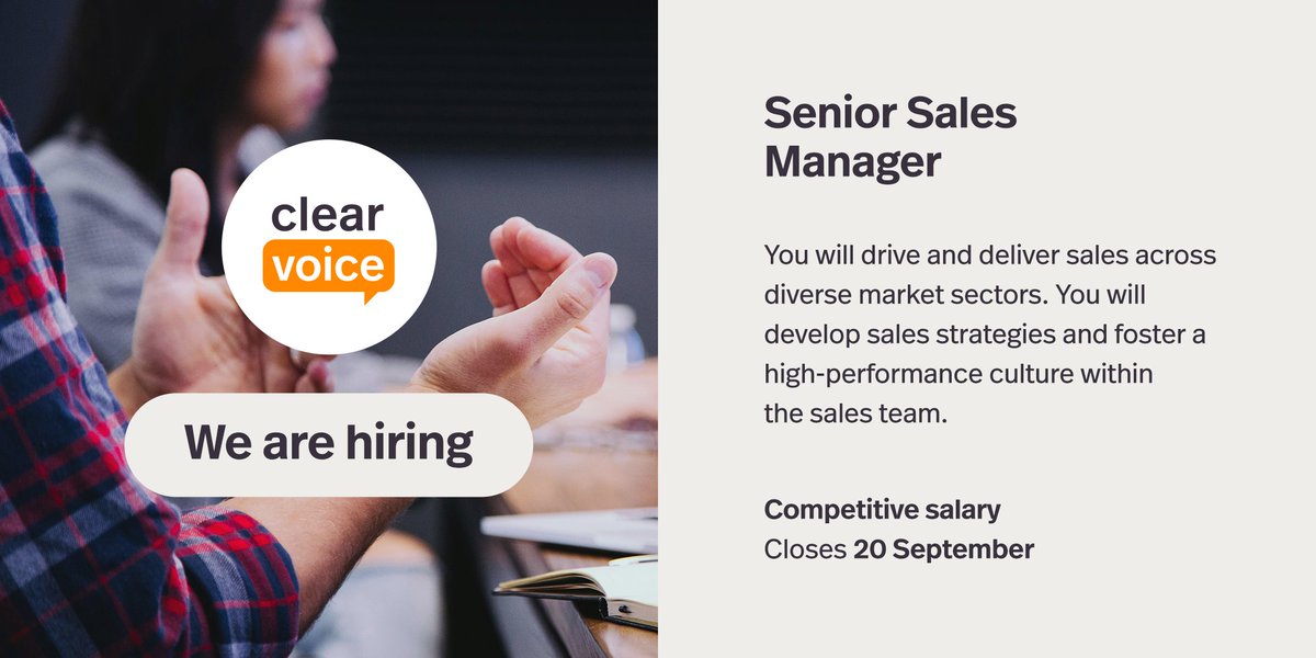 Clear Voice is currently hiring a Senior Sales Manager to drive sales across diverse sectors. We are particularly looking for someone with proven experience coaching &amp; mentoring a high-performing sales team.

🔗 For the full job description and to apply: 
loom.ly/ro9iQsg