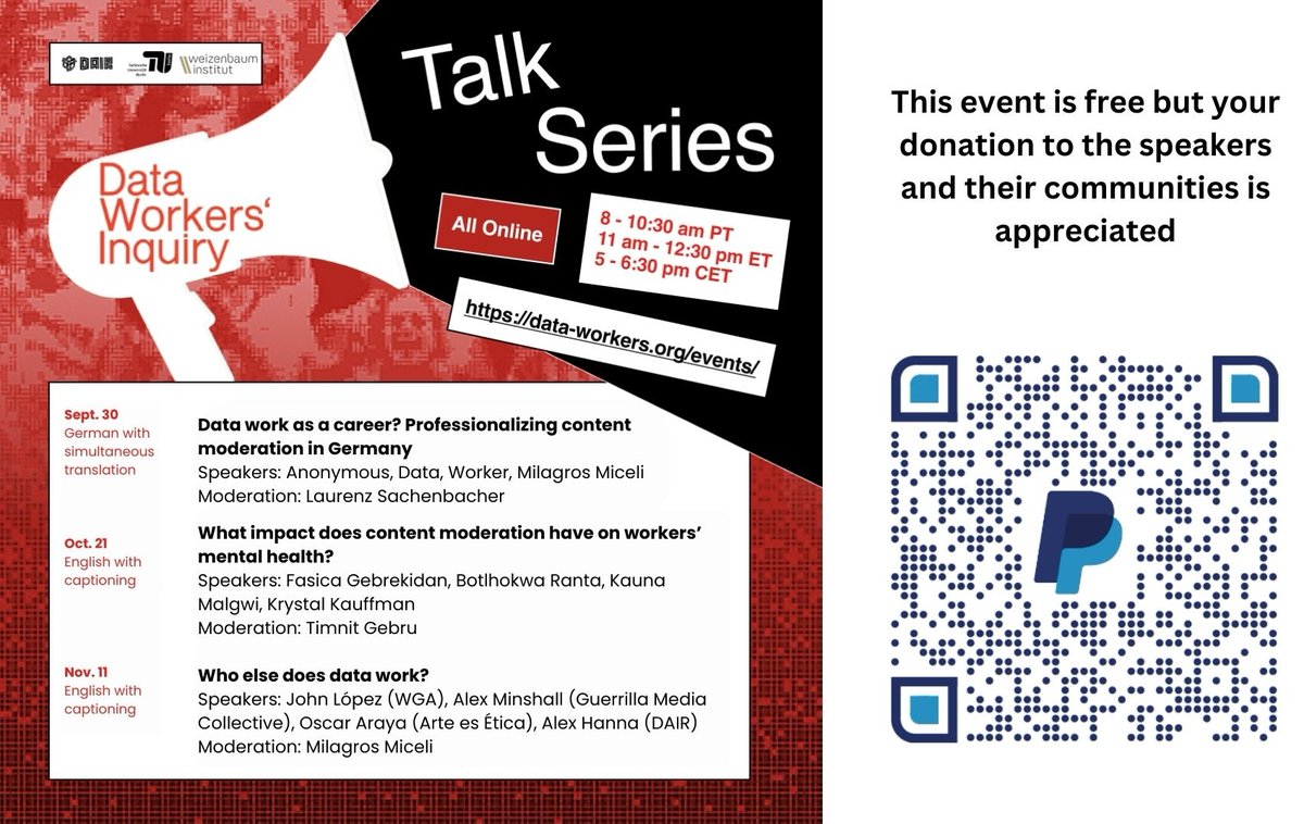 Don't miss the last panels in this year's Data Workers' Inquiry talk series!
➡️Sept 30 - Data work in Germany
➡️Oct 21 - Mental health
➡️Nov 11 - Artists, writers &amp; translators doing data work
data-workers.org/events/
Did you miss the previous talks? Recordings are available!👆