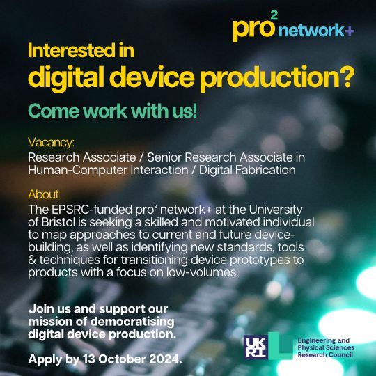 pro² network+ (@prosquaredplus) on Twitter photo 📢 Now hiring! 📢 If you have:
⚙️ skills & expertise in areas like #HCI, #IoT, electronic engineering or digital manufacturing
⚙️ a passion for building devices
Then you could be the perfect candidate to join our network at <a href="/BristolUni/">University of Bristol</a>! Apply by 13 Oct: buff.ly/3XmFBIa 📢 Now hiring! 📢 If you have:
⚙️ skills & expertise in areas like #HCI, #IoT, electronic engineering or digital manufacturing
⚙️ a passion for building devices
Then you could be the perfect candidate to join our network at <a href="/BristolUni/">University of Bristol</a>! Apply by 13 Oct: buff.ly/3XmFBIa