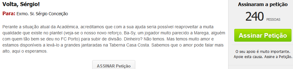 Petição pede o regresso de Sérgio Conceição à Académica 😆

"Dinheiro? Não temos. Mas temos muito amor e estamos disponíveis a levá-lo a grandes jantaradas na Taberna Casa Costa."