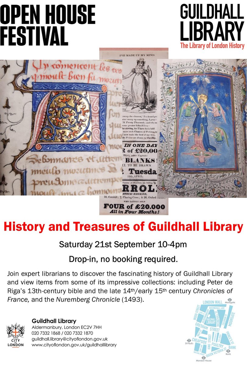 GuildhallLib's tweet image. We will be open again for @openhouselondon on Saturday 21st September! Come and see some of our beautiful medieval books from 13th-15th century &amp;amp; discover the fascinating history of this 600-year old library. No booking needed. @cityoflondon