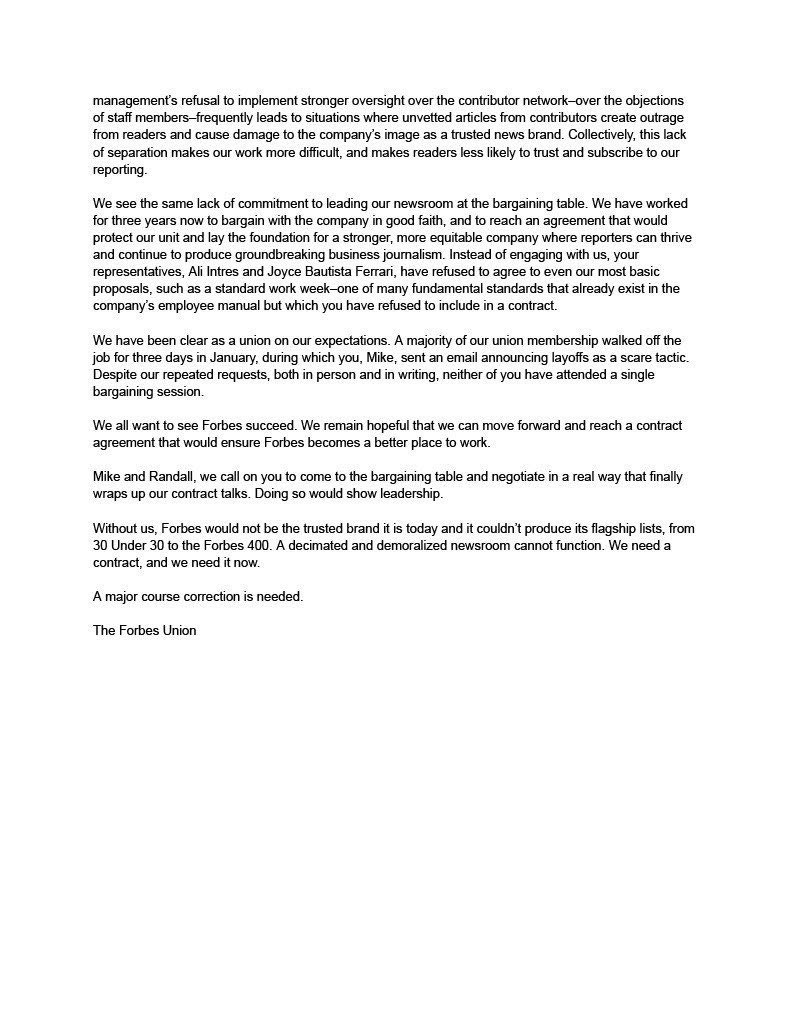 We have shared our letter of no confidence in <a href="/Forbes/">Forbes</a> CEO <a href="/Mike_Federle/">Mike Federle</a> &amp; CCO <a href="/RandallLane/">Randall Lane</a> with board members (<a href="/jeffreyclyam/">Jeffrey Yam</a> &amp; Peter Hung) &amp; the Forbes family (<a href="/SteveForbesCEO/">Steve Forbes</a>  &amp; <a href="/moiraforbes/">Moira Forbes</a>). Hope to see them at the bargaining table ready to negotiate a fair contract! #media