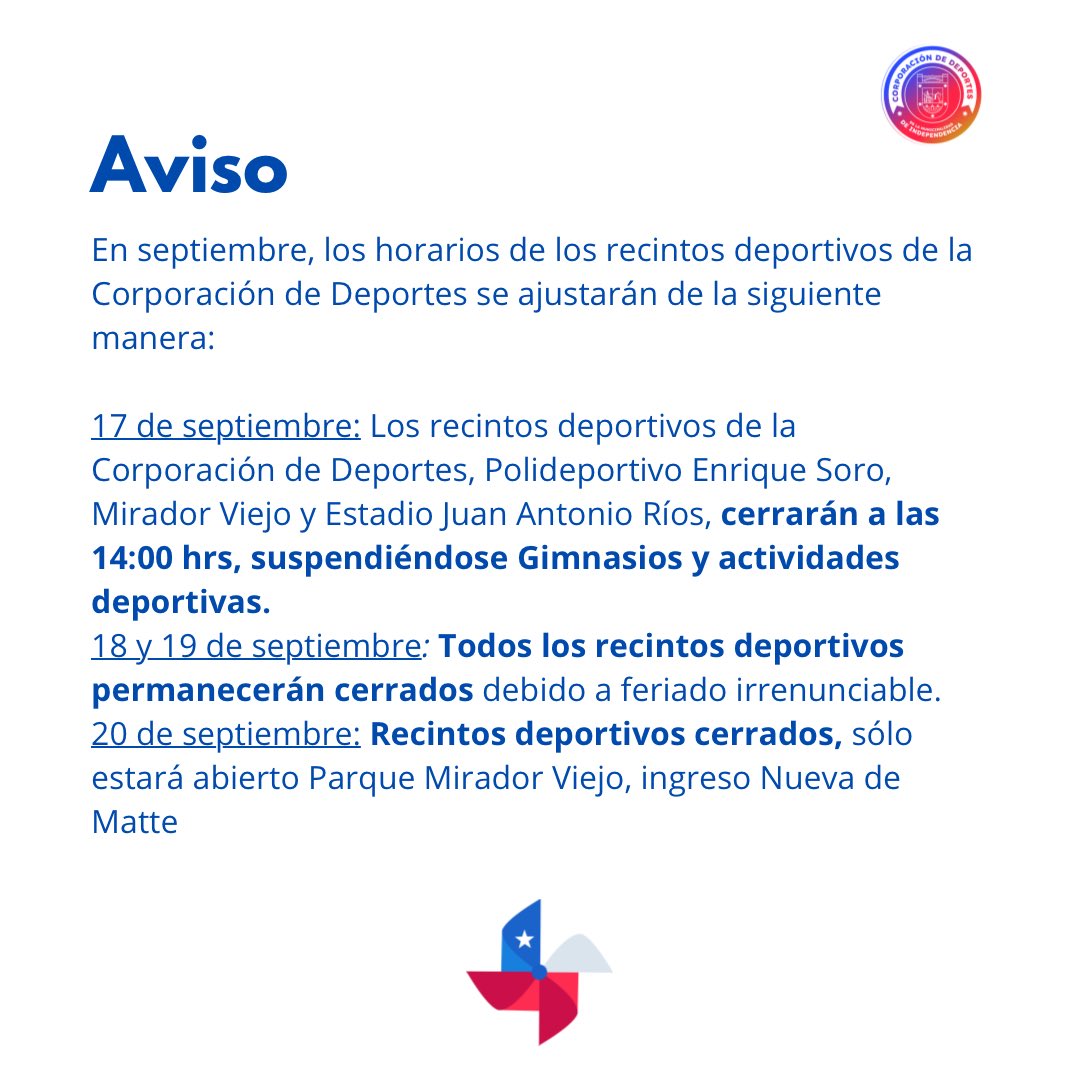 Aviso 📣
Información sobre horarios y cierre de recintos deportivos fiestas patrias 🇨🇱