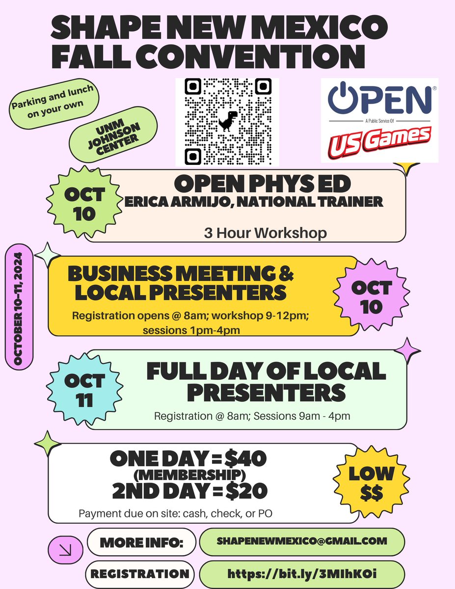 <a href="/SHAPENewMexico/">SHAPE New Mexico</a> is having their Fall Convention October 10-11 at UNM! <a href="/OPENPhysEd/">OPEN Phys Ed</a> <a href="/DotBall360/">DotBall360</a> already committed! Local presenters, business meeting, and OPEN workshop! Can't wait! #physed