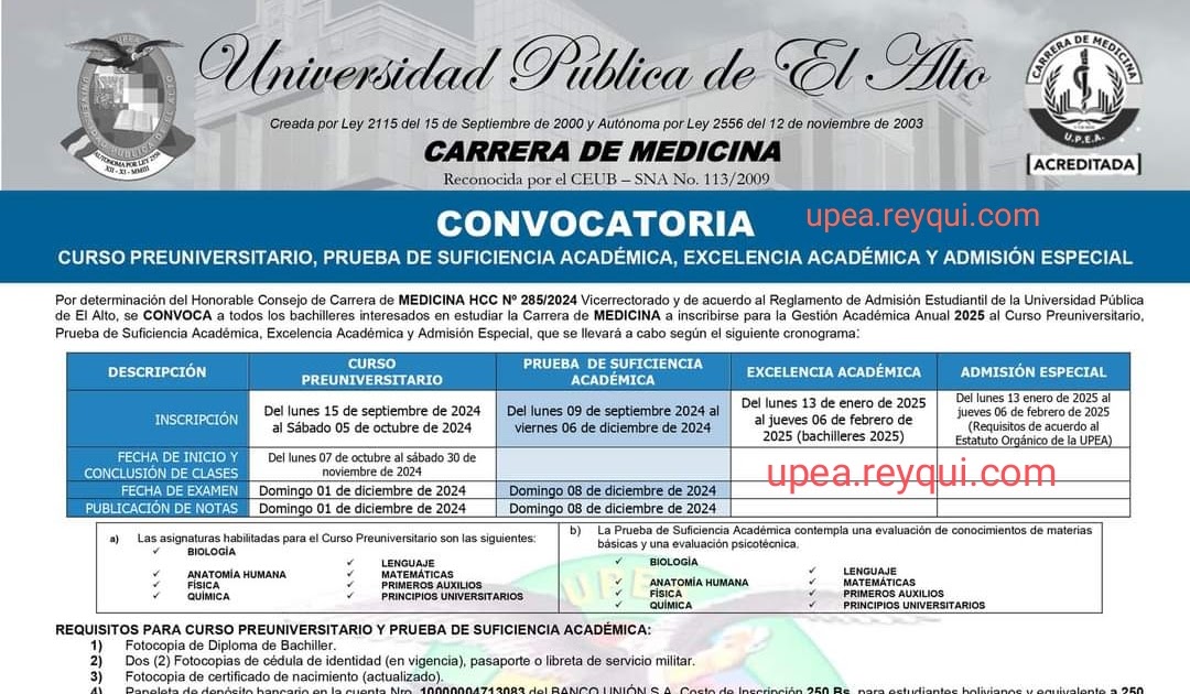 UpeaBolivia's tweet photo. Medicina UPEA 2025: Convocatoria a la Prueba de Suficiencia Académica, Curso Preuniversitario, Excelencia Académica y Admisión Especial https://t.co/qOkgEWuUvs https://t.co/VmppCvjwpK