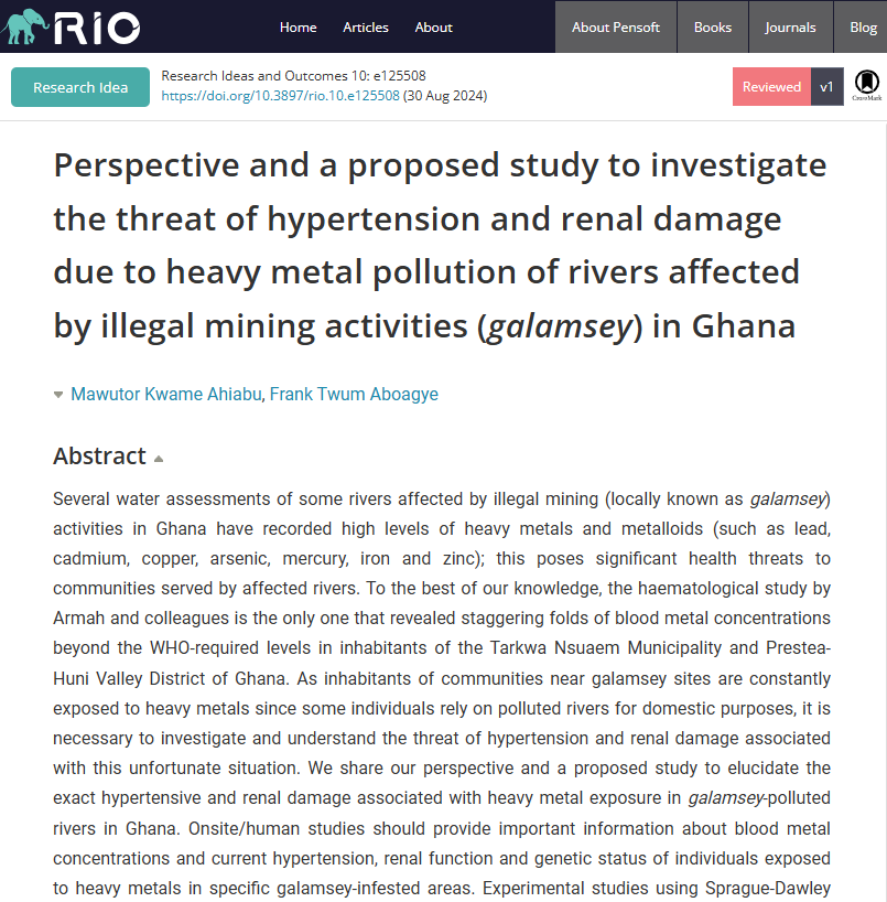 RIO Journal (@riojournal) on Twitter photo Scientists at <a href="/CSIR_WRI/">CSIR-Water Research Institute</a> propose a study to elucidate the exact hypertensive and renal damage associated with heavy metal exposure amongst people living near rivers affected by illegal mining activities (galamsey) in Ghana.
🔓Research Idea: doi.org/10.3897/rio.10…
#publichealth Scientists at <a href="/CSIR_WRI/">CSIR-Water Research Institute</a> propose a study to elucidate the exact hypertensive and renal damage associated with heavy metal exposure amongst people living near rivers affected by illegal mining activities (galamsey) in Ghana.
🔓Research Idea: doi.org/10.3897/rio.10…
#publichealth