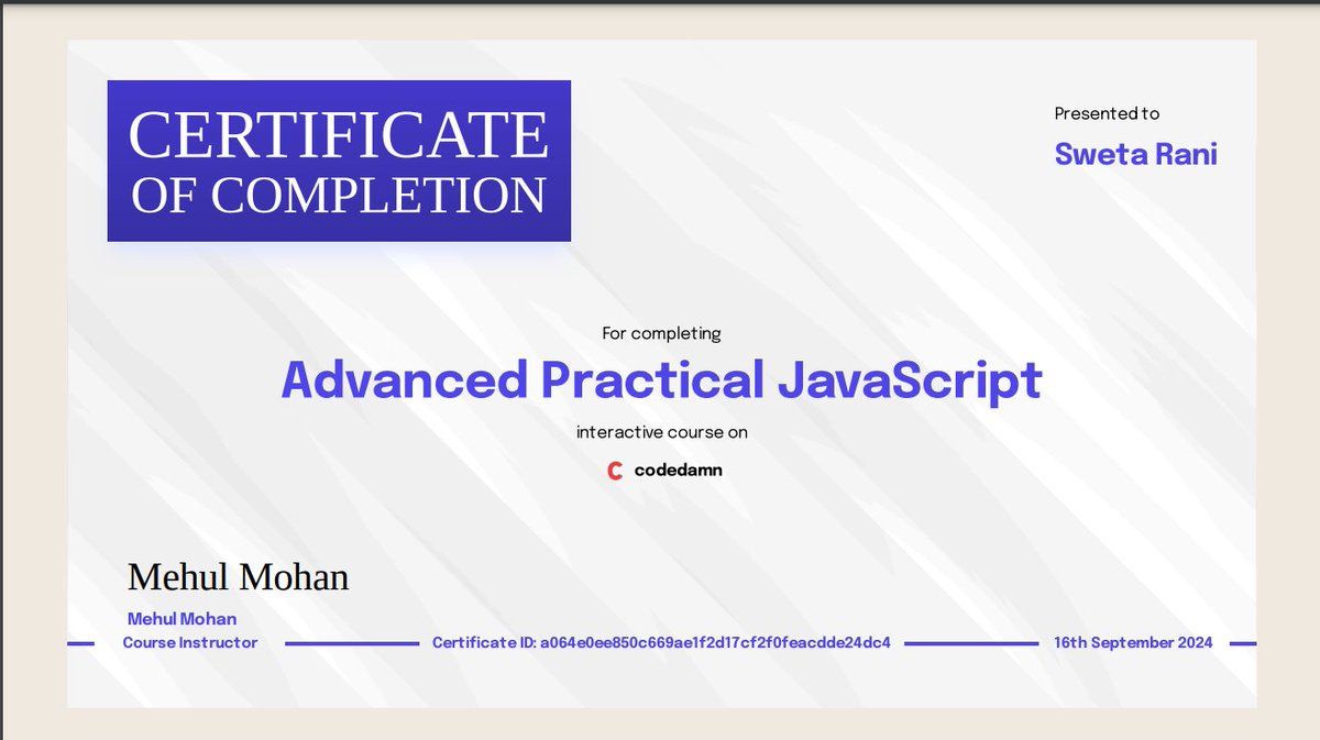Swetaa_14's tweet image. 🎉 I’ve completed the Advanced JavaScript course and earned my certificate from Codedamn. Learned key topics like promises, async/await, prototypal inheritance, DOM manipulation, and more. Ready to put these skills to work!
#WebDevelopment #AdvancedJS #Codedamn #CodingJourney