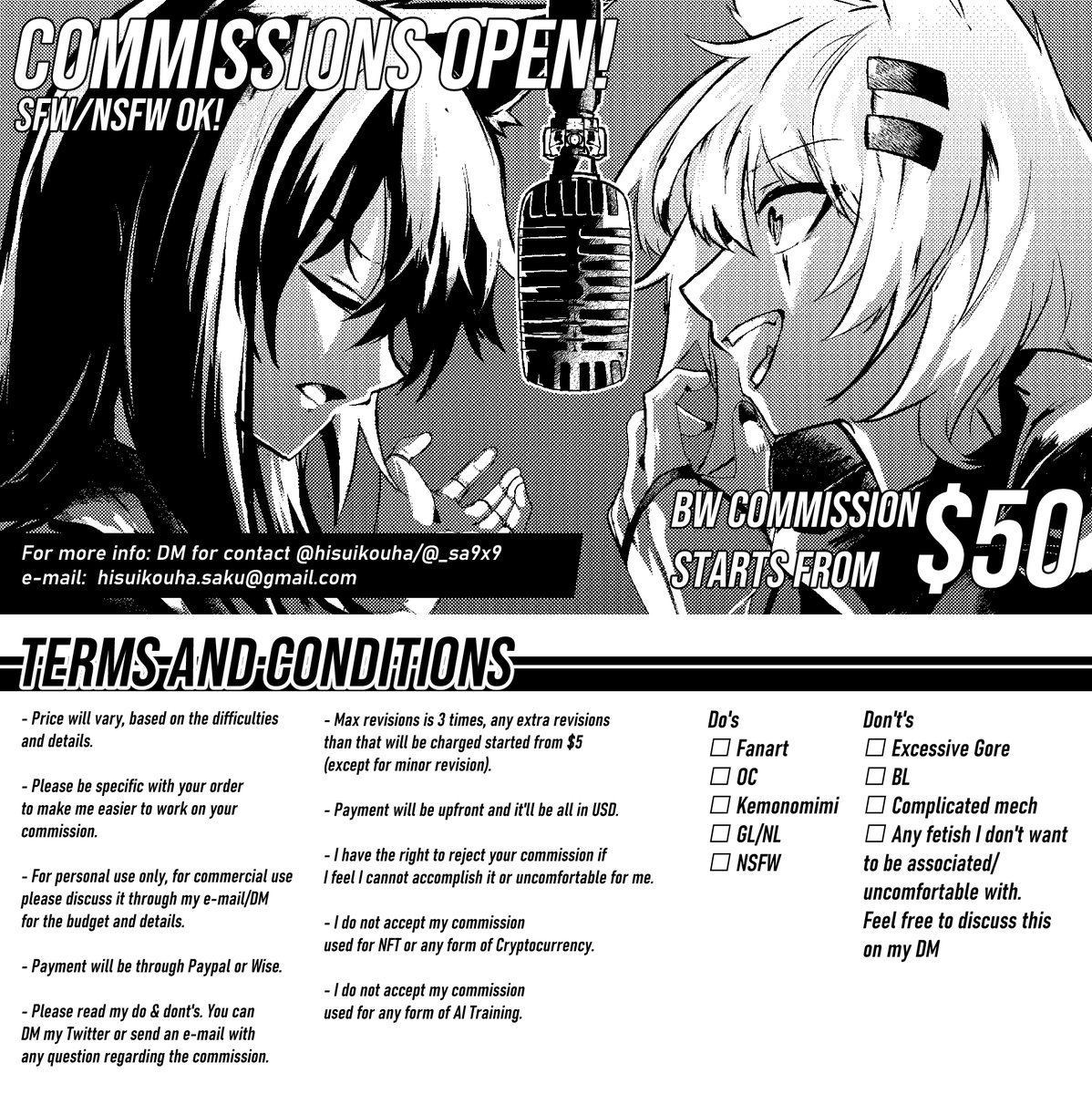 Hello, I'm opening 5 slots of BW com for this month!   

DMs are open! Please read the terms and condition on this link, thank you~

RT and shares are really appreciated!    

https://t.co/BichudBD45 #CommissionsOpen 