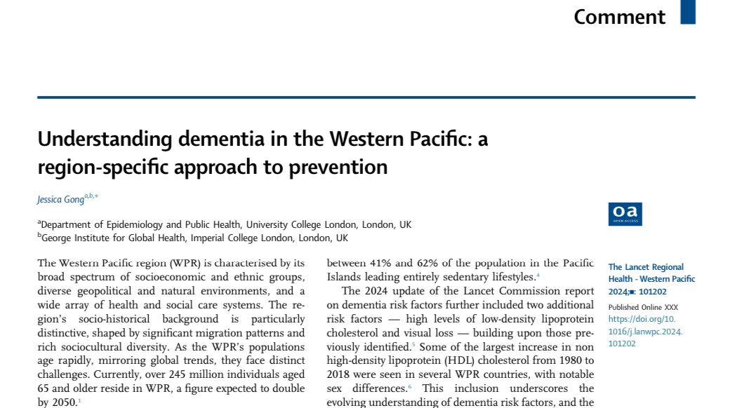 Sharing my latest commentary “understanding dementia in the Western Pacific: a region-specific approach to prevention” on the Lancet Regional Health - Western Pacific! 🧠🌏

authors.elsevier.com/sd/article/S26…