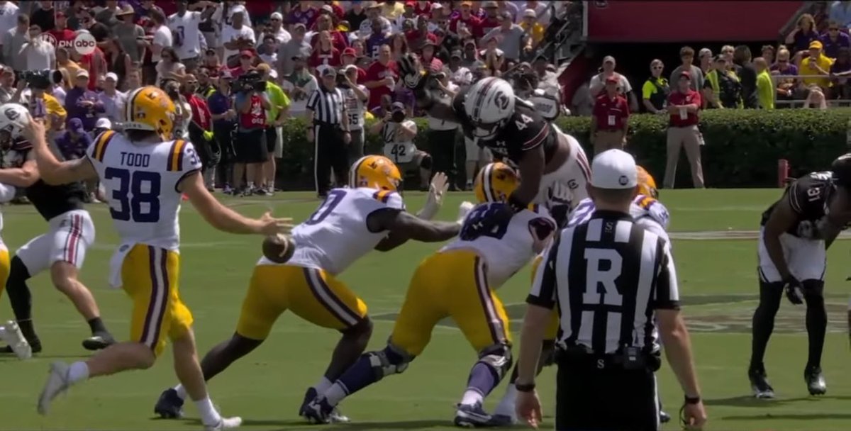 LSU_allday504's tweet photo. For every South Carolina fan still crying on this beautiful Monday morning, I’ve seen yall STILL talking about the PI and the blind side blocks that erased 2 pick 6s for yall, which were both correct calls, BUT I have yet to see any of yall talking about the illegal leap over the punt shield that wasn’t called on South Carolina that gave yall 7…. #geauxtigers