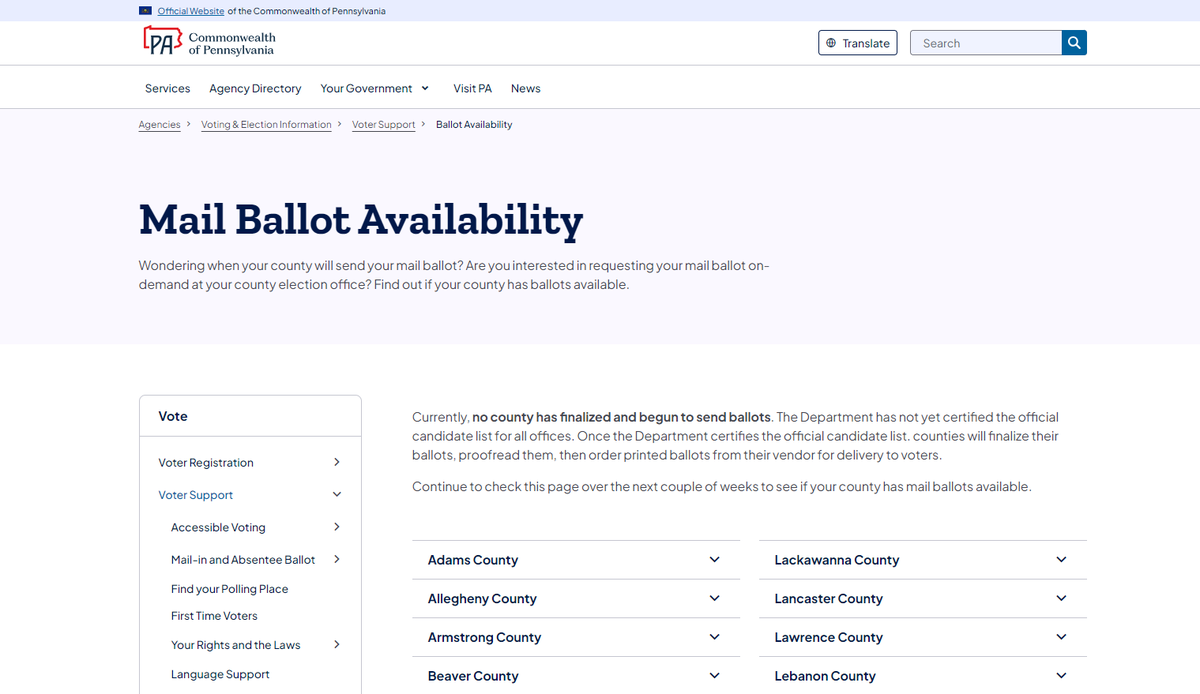 Attention Pennsylvania voters: Mail ballots are not yet available in any county for the Nov. 5 general election. We encourage voters to check the Department's website for updates on ballot availability. Learn more: pa.gov/en/agencies/vo…