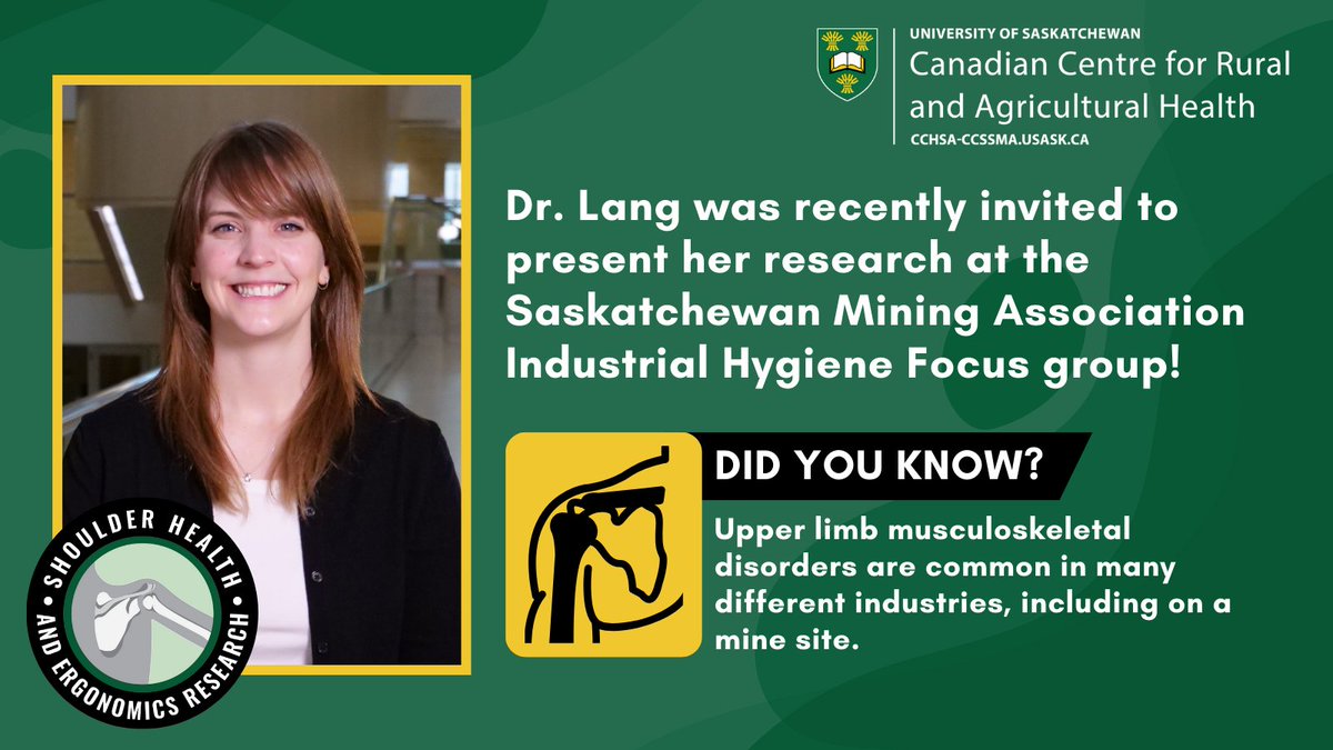 Dr. Angelica Lang was recently invited to present at the <a href="/SaskMiningAssoc/">Sask Mining Assoc.</a>  Industrial Hygiene Focus group, hosted at the Orano Saskatoon office. Dr. Lang showcased her lab's capabilities and the Shoulder Health and Ergonomics Research group's ongoing ergonomics research.