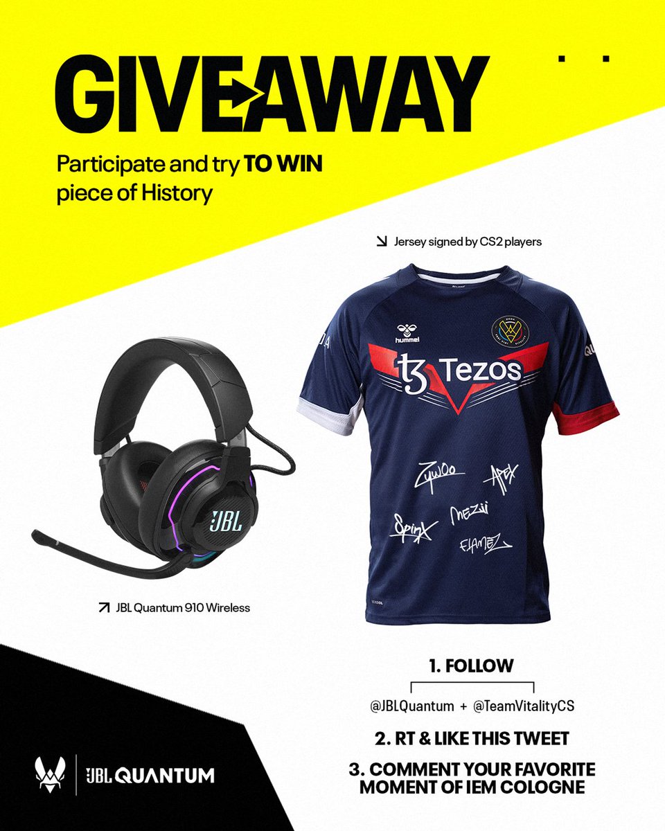TeamVitalityCS's tweet image. WIN A 𝐏𝐈𝐄𝐂𝐄 𝐎𝐅 𝐇𝐈𝐒𝐓𝐎𝐑𝐘 🏆

Get your chance to win a IEM Cologne jersey signed by our CS team and a JBL Quantum 910 Wireless headset!

✅ Like &amp;amp; RT this post
✅ Follow @TeamVitalityCS &amp;amp; @JBLQuantum 
✅ Comment your favorite moment of IEM Cologne