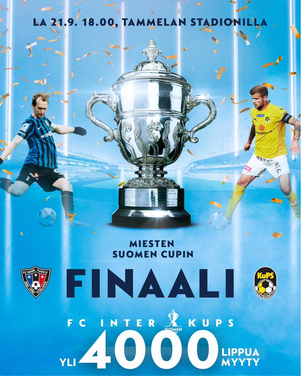 𝐘𝐥𝐢 𝟒𝟎𝟎𝟎 𝐥𝐢𝐩𝐩𝐮𝐚 𝐦𝐲𝐲𝐭𝐲! 🎟️🏆

Viisi yötä Miesten Suomen Cupin finaaliin. 🌃

Liput: palloliitto.fi/liput/suomencup

#SuomenCup