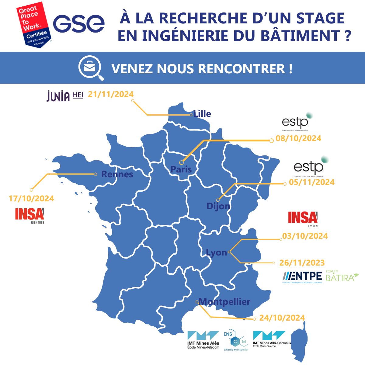 Étudiants #ingenieurs, GSE arrive sur vos campus ! 🚀Chaque année, nous participons aux forums des écoles partenaires pour vous rencontrer. 🏗 Vous cherchez un stage stimulant dans la conception, la #construction, ou la rénovation éco-responsable de bâtiments d’entreprise ?