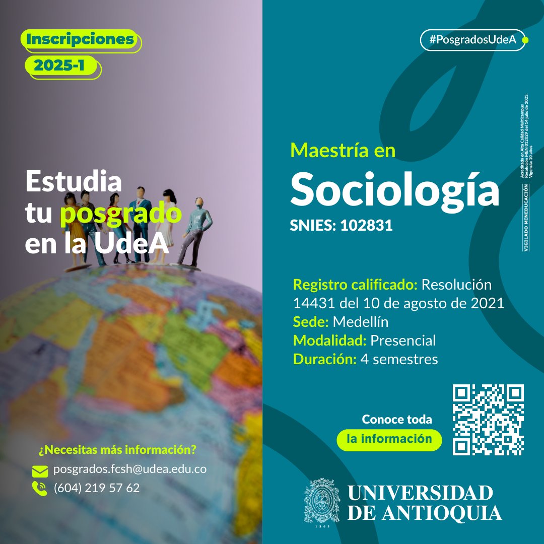 #PosgradosUdeA 

🌍La Maestría en Sociología de la #UdeA ofrece herramientas para investigar y analizar fenómenos sociales desde una perspectiva crítica y rigurosa. 

ℹ️ Más información en: 👉 bit.ly/4dZF0mJ 
#Sociología