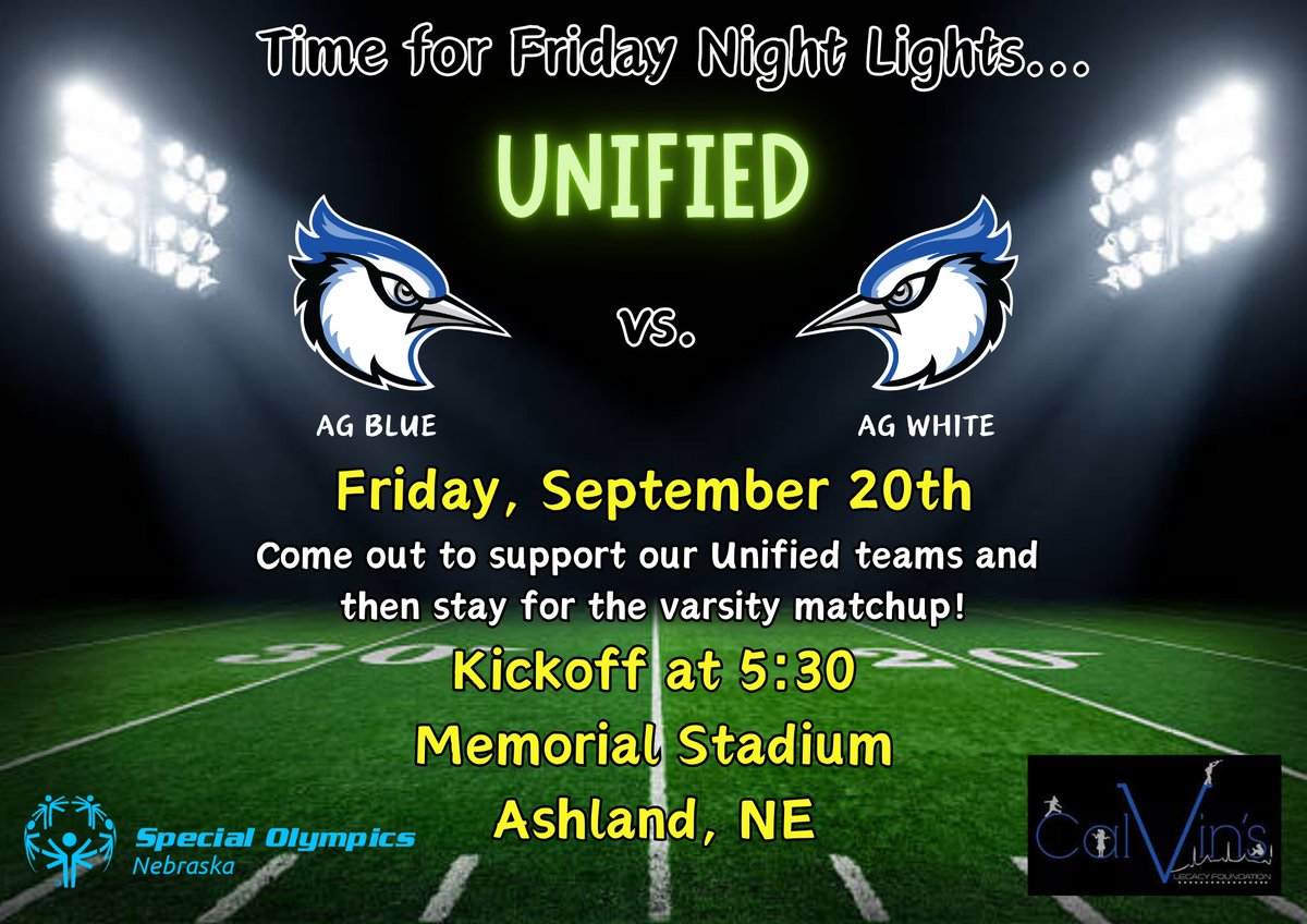 With all that's happening this Friday Night the place to be is Ashland-Greenwood's Memorial Stadium to see our Unified Team take the field and light up the scoreboard! Stick around after for a bonus game with the Bluejays taking on undefeated Auburn.