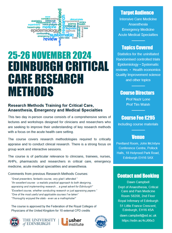 ICULone's tweet photo. Back for another year - come and join us in Edinburgh for an action packed, fun-filled two days learning about all things research! An expert faculty of world-leading researchers.  https://t.co/MGfLAXJikz https://t.co/pUEg2culQG