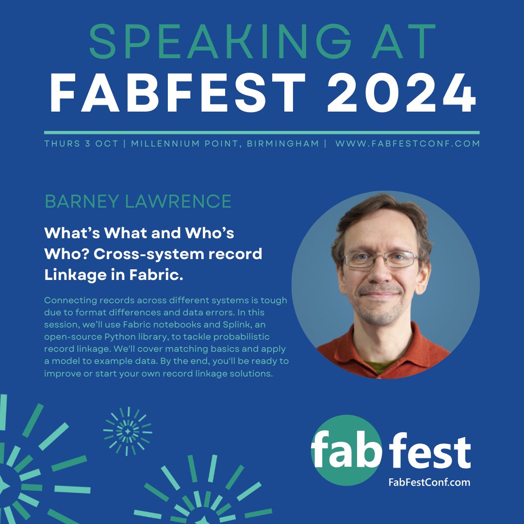 FabFestConf (@fabfestconf) on Twitter photo 🚀 Excited for #FabFest? Don't miss <a href="/SQLBarney/">Barney Lawrence</a> session on cross-system record linkage in #MicrosoftFabric! 💡Learn how to connect data across systems in a fun, interactive way!
🎟️FREE tickets are going fast—book yours now: FabFestConf.com
#DataIntegration #FabFest2024 🚀 Excited for #FabFest? Don't miss <a href="/SQLBarney/">Barney Lawrence</a> session on cross-system record linkage in #MicrosoftFabric! 💡Learn how to connect data across systems in a fun, interactive way!
🎟️FREE tickets are going fast—book yours now: FabFestConf.com
#DataIntegration #FabFest2024