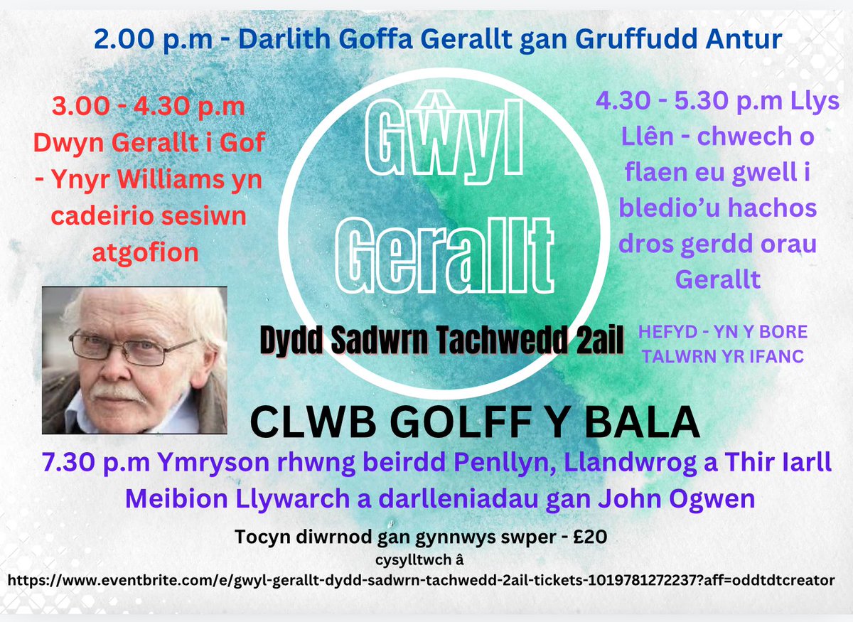 Tocyn diwrnod + swper - £20 
eventbrite.com/e/gwyl-gerallt…