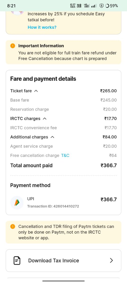 Amrit8303's tweet photo. @Paytm @Paytmcare I booked my  ticket from Kanpur to Delhi but the train was in the waiting list, so I paid the cancellation charges in Paytm that even after the chart is ready, if the ticket is in the waiting list, then I can cancel but Paytm is not getting refund? https://t.co/NaBHdF6ZKc