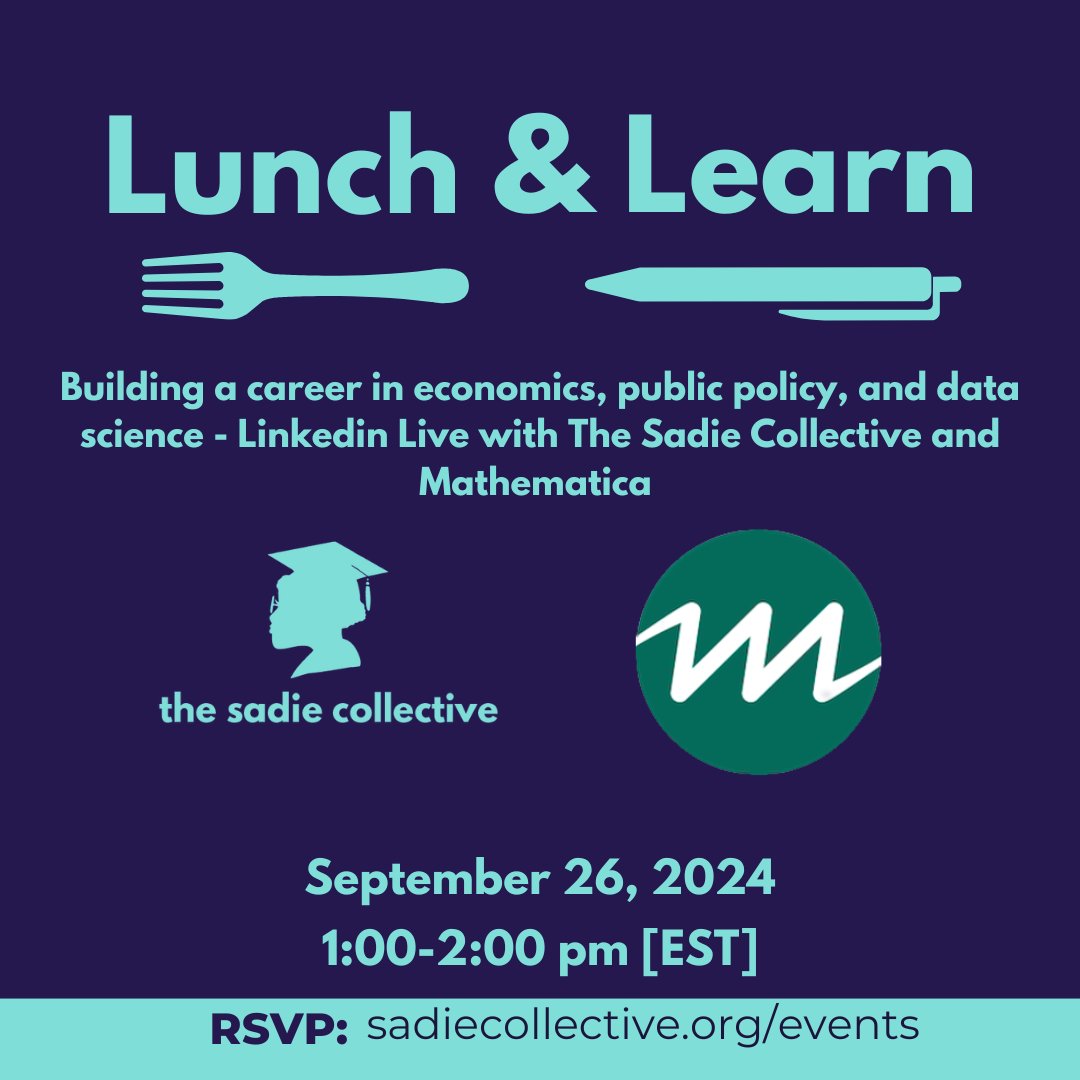 The Sadie Collective (@sadiecollective) on Twitter photo Don’t miss our LinkedIn Live with <a href="/MathematicaNow/">Mathematica</a> on 9/26 @ 1pm ET! Our panelists will be diving into how to build a career in #Economics, #PublicPolicy, and #DataScience. Register here: eventbrite.com/e/lunch-learn-… Don’t miss our LinkedIn Live with <a href="/MathematicaNow/">Mathematica</a> on 9/26 @ 1pm ET! Our panelists will be diving into how to build a career in #Economics, #PublicPolicy, and #DataScience. Register here: eventbrite.com/e/lunch-learn-…