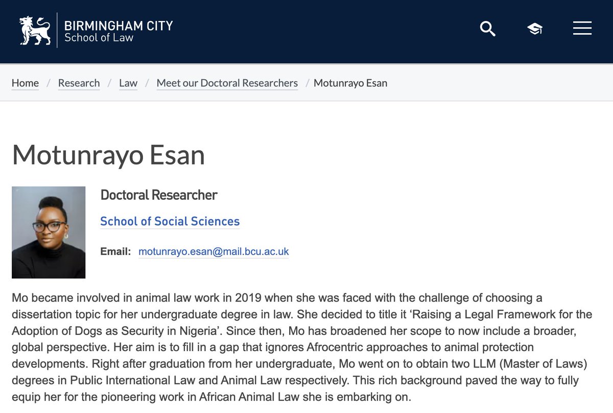 Meet Mo Esan, one of our fantastic new PhD researchers joining us at <a href="/MyBCU/">Birmingham City University</a> working on a project entitled 'Investigating the History, Text and Implementation of the Animal Welfare Strategy for Africa through the lens of TWAIL': bit.ly/3ZmyG4r