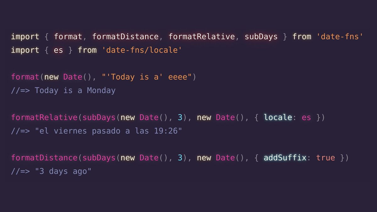 ¡La mejor biblioteca de fechas para JavaScript!
date-fns acaba de lanzar la versión 4

✓ Maneja fechas súper fácil
✓ Con traducciones al Español
✓ Ahora con soporte de Zonas Horarias

$ npm install date-fns