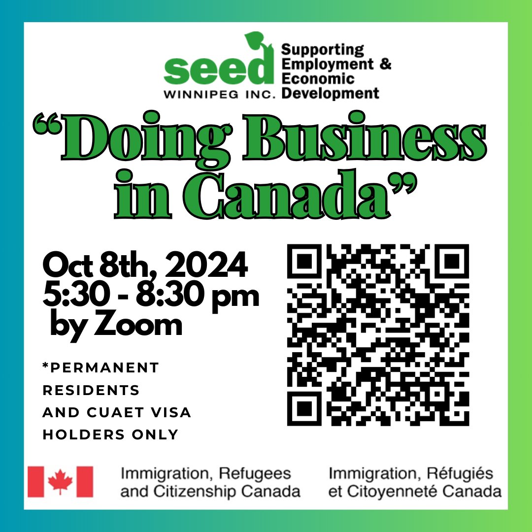 SEED Winnipeg Inc. (@seedwinnipeg) on Twitter photo Doing Business in Canada
Register here: seedwinnipeg.ca/register/bdw/1…
October 8 or November 12, 5:30-8:30 PM
Virtual (Zoom) Training Doing Business in Canada
Register here: seedwinnipeg.ca/register/bdw/1…
October 8 or November 12, 5:30-8:30 PM
Virtual (Zoom) Training
