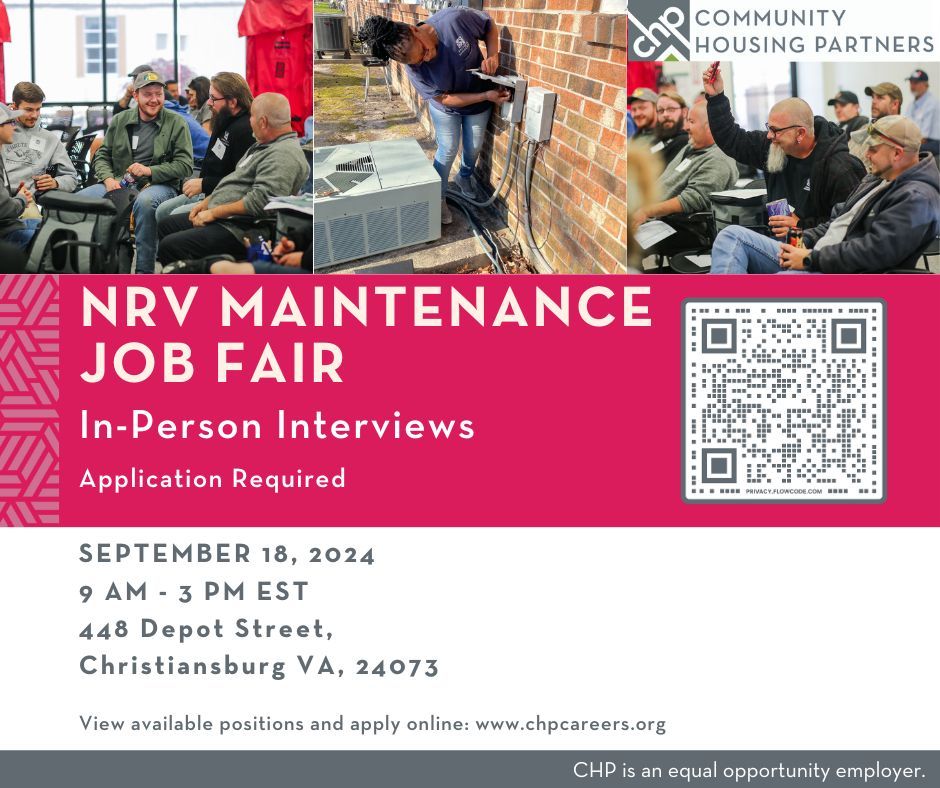 CHP is hiring! Join us at our NRV Maintenance Job Fair and get a same-day interview!

Date: Wednesday, September 18
Location: 448 Depot Street, Christiansburg
Time: 9 AM – 3 PM

A completed application is required – apply online at buff.ly/49CF4Gi.