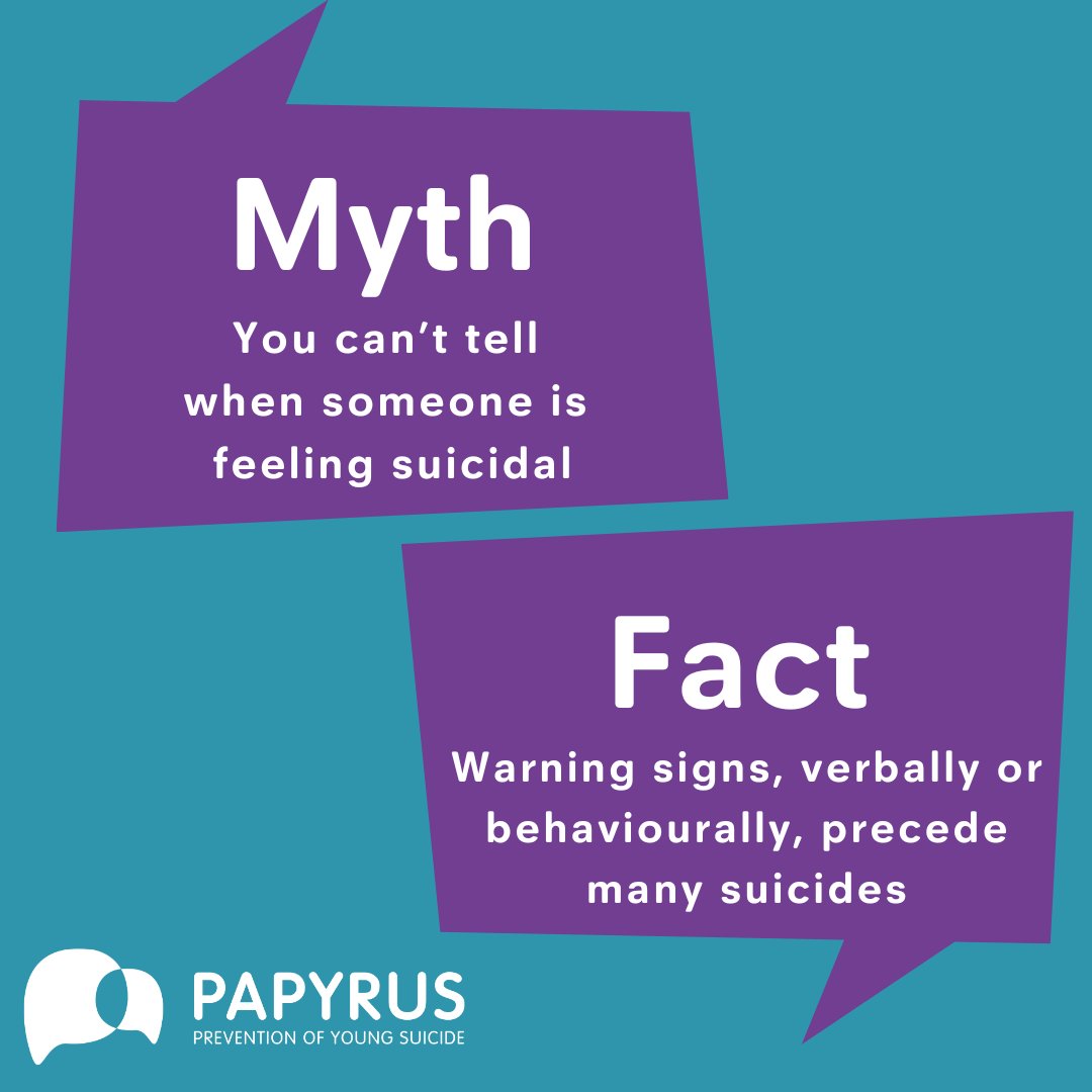Suicide is complex and how people act when they’re struggling is different for everyone. Sometimes there are 'invitations' that someone shows. For some people, several signs might apply - for others just one, two, or none.

More about suicidal invitations: papyrus-uk.org/suicidal-invit…
