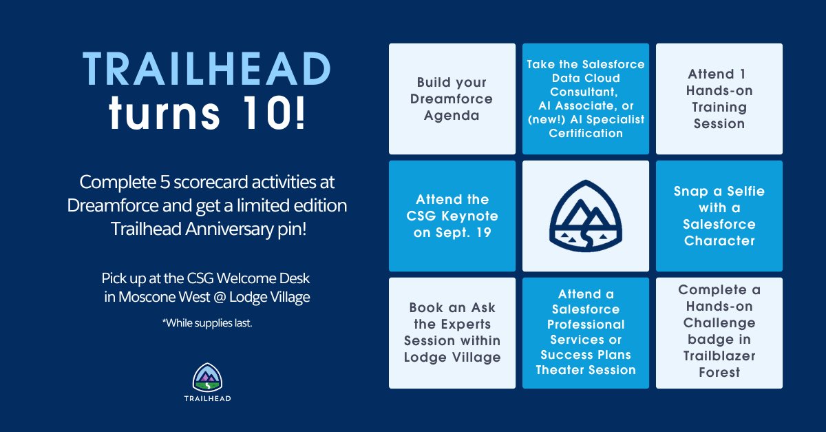 We're celebrating 10 years of Trailhead with you at #DF24! 🎉

Complete 5 out of the 8 boxes on the scorecard and BINGO - you can get an exclusive Trailhead Anniversary pin.

Check off one box by attending the CSG keynote on Thursday, Sept 19 at 1 p.m.: sforce.co/4gshlgG