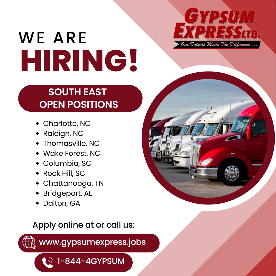 Gypsum Express is hiring regional home weekly flatbed drivers in the Southeast - Charlotte, NC, Raleigh, NC, Thomasville, NC, Wake Forest, NC, Columbia, SC, Rock Hill, SC, Chattanooga, TN, Bridgeport, AL, and Dalton, GA. CDL A required, no experience necessary. #GYPSUMEXPRESS