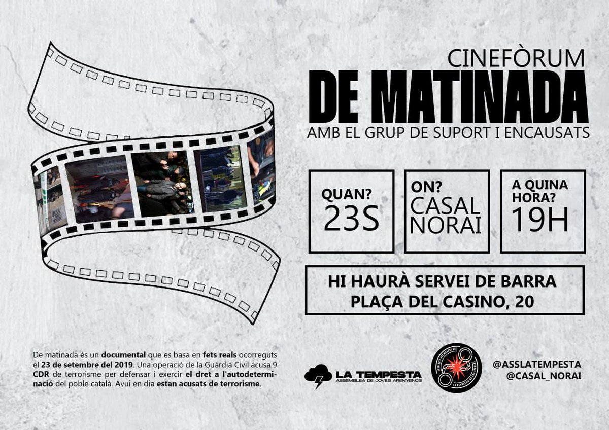 📽️ En el marc del 5è aniversari de l'inici de l'operació contra els CDRs <a href="/Detingudes23S/">Detingudes23S</a>, Arenys projecta el documental "De matinada", de la mà de <a href="/asslatempesta/">La Tempesta #ArenysAntifa</a> i el <a href="/casal_arenys/">Casal Popular Norai</a>

Que la repressió no ens aturi!
#LaLluitaContinua ✊🏼