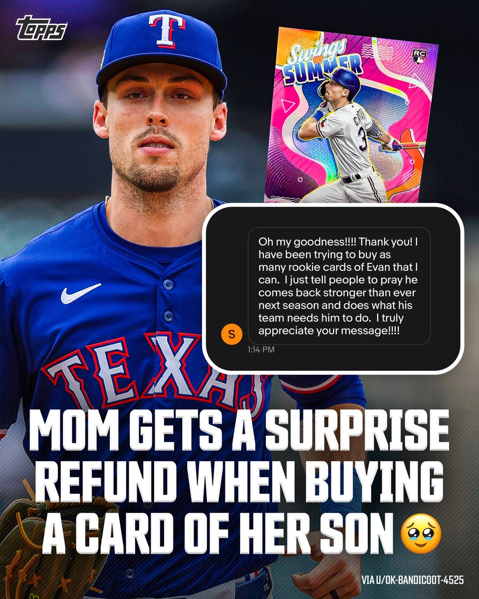 Topps's tweet image. ❤️ INCREDIBLE HOBBY MOMENT ❤️

Ryan, who runs an online hobby shop, was selling some of his cards when he noticed a familiar name was making a purchase. 

After a quick Google search, he realized it was the mother of Rangers outfielder Evan Carter!

Ryan promptly cancelled the…