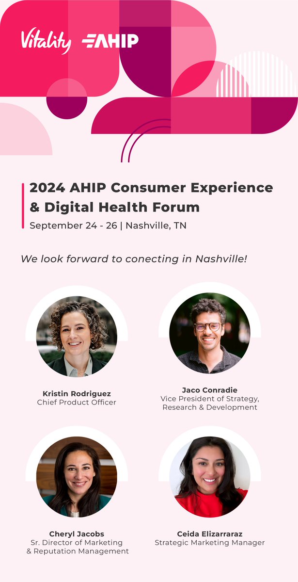 We're nearly one week away from an exciting trip to Nashville for <a href="/AHIPCoverage/">AHIP</a>'s Consumer Experience and Digital Health Forum! We'll be easy to spot wearing Vitality pink in booth #103, so be sure to stop by to connect with our team if you're attending. bit.ly/4gp14Jh