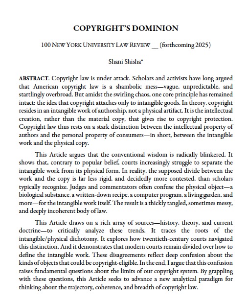 ShaniShisha's tweet image. My latest article, Copyright's Dominion, is forthcoming in the New York University Law Review, @nyulawreview. I'm excited to work with @nyulaw's outstanding students on this piece. 
@SMULawSchool