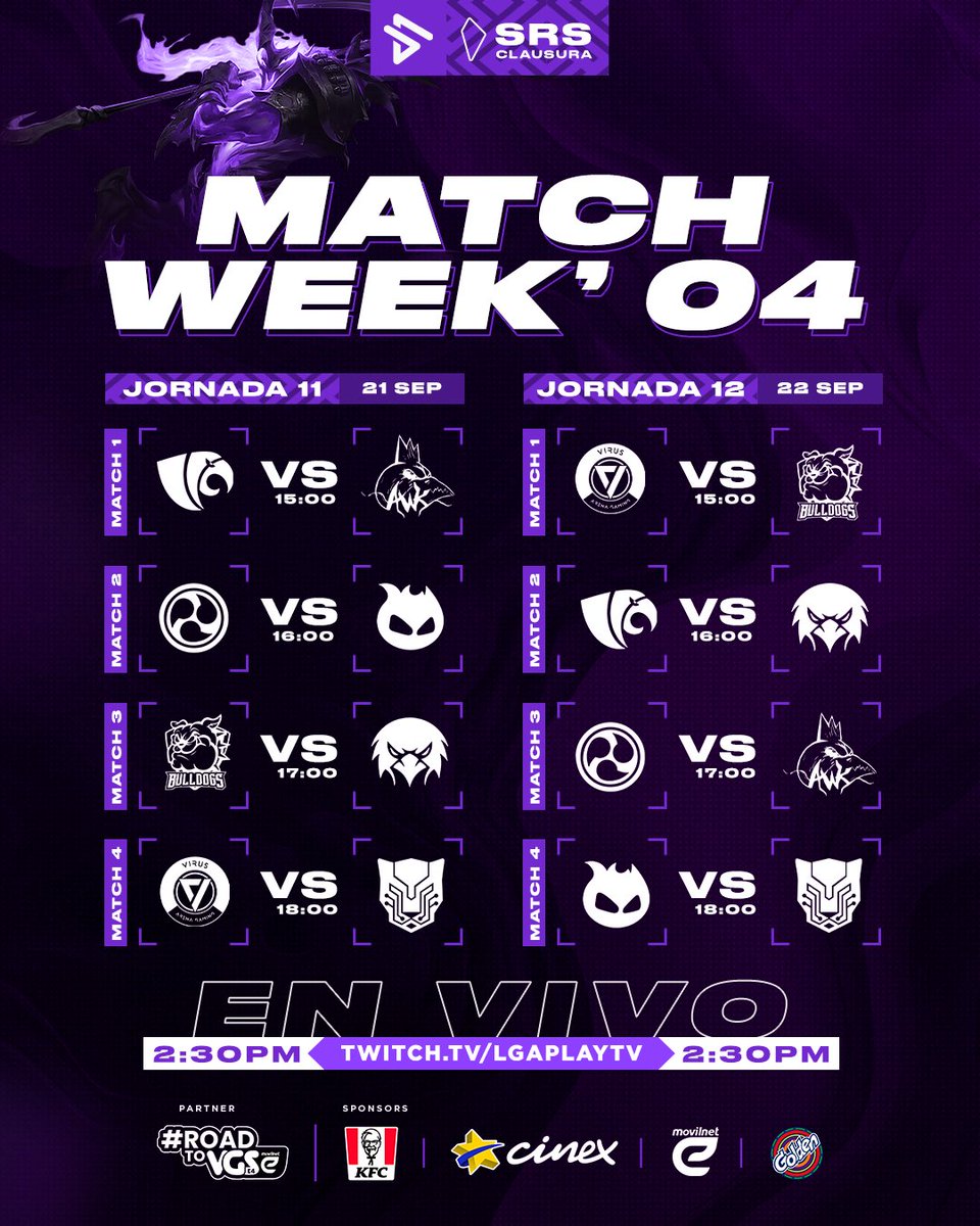 LGAPlay - Esports Venezuela 🇻🇪 (@lgaplay) on Twitter photo ¡LLEGA LA 4ª SEMANA! 🔥
La competencia se INTENSIFICA en esta ETAPA FINAL donde cada error podría perjudicar la situación de algunos equipos de cara a los PLAYOFFS ⚔
¿Quién dominará La Grieta? 👀
🟣 <a href="/TeamCareperros/">BullDogs 🐶🇻🇪</a> | <a href="/ARAesportsVzla/">ARA Esports</a> | <a href="/RaijinRaidens/">Raijin Raidens</a> | <a href="/VirusGaming_VE/">Virus Gaming eSports</a> | ¡LLEGA LA 4ª SEMANA! 🔥
La competencia se INTENSIFICA en esta ETAPA FINAL donde cada error podría perjudicar la situación de algunos equipos de cara a los PLAYOFFS ⚔
¿Quién dominará La Grieta? 👀
🟣 <a href="/TeamCareperros/">BullDogs 🐶🇻🇪</a> | <a href="/ARAesportsVzla/">ARA Esports</a> | <a href="/RaijinRaidens/">Raijin Raidens</a> | <a href="/VirusGaming_VE/">Virus Gaming eSports</a> |